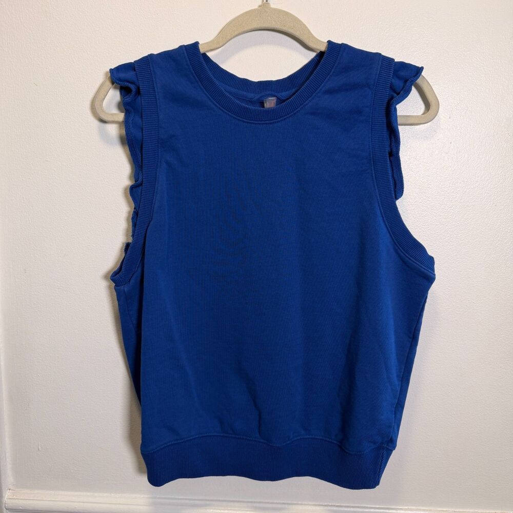Free People Movement Blue Sleeveless Sweatshirt Top Ruffle Boho Athleisure S